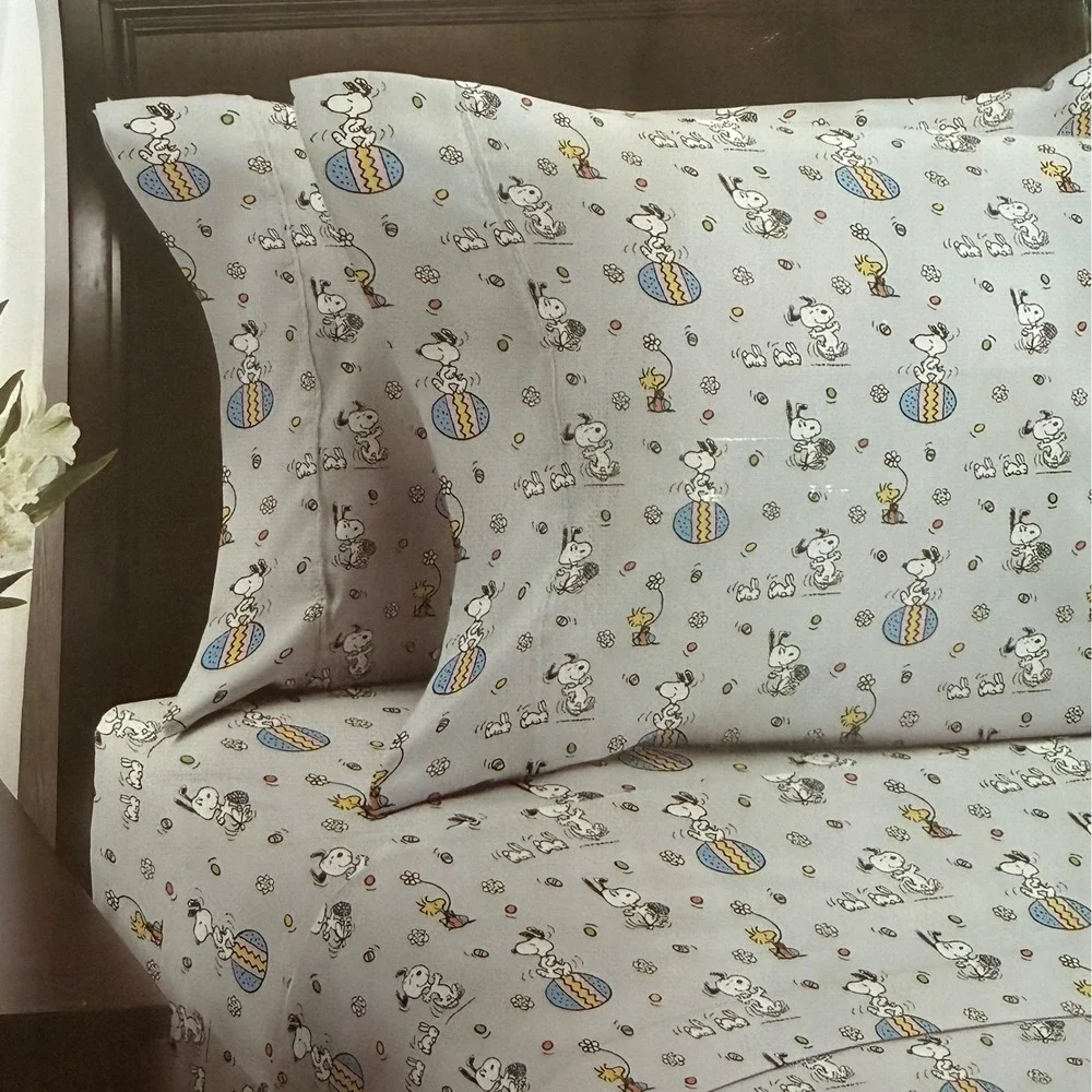 Peanuts Sheet Set Queen Size Grey New Easter Snoopy Woodstock Berkshire Blanket